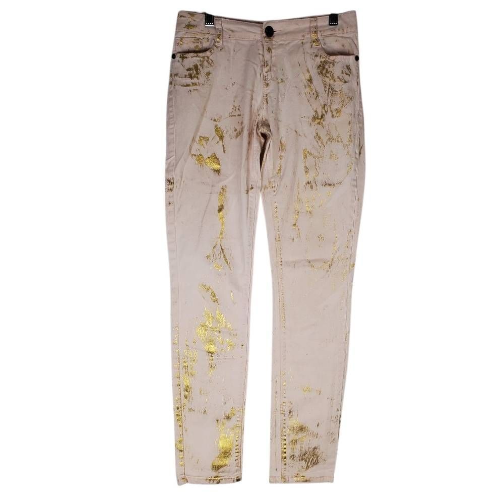 Vanilla Star Zip Fly Gold Splatter Paint Stretch Skinny Jeans Pink & Gold Size 5